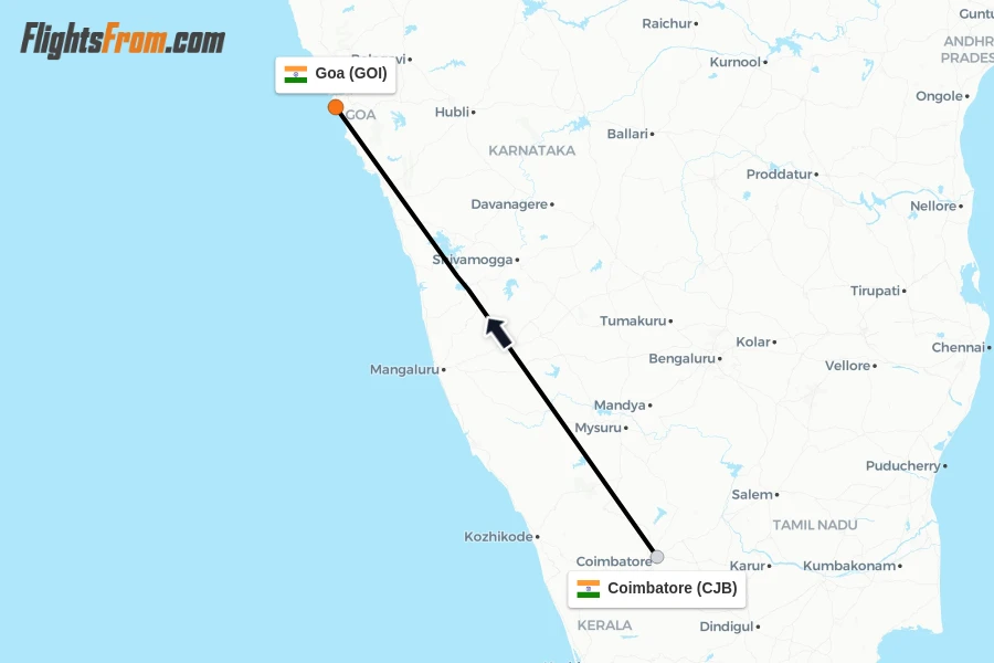 Flights from Coimbatore to Goa route map
