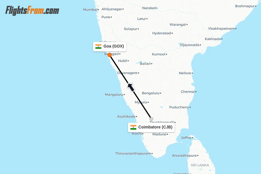 Flights from Coimbatore to Goa route map