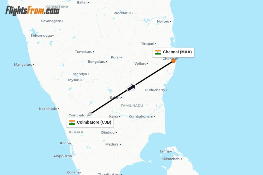 Flights from Coimbatore to Chennai route map