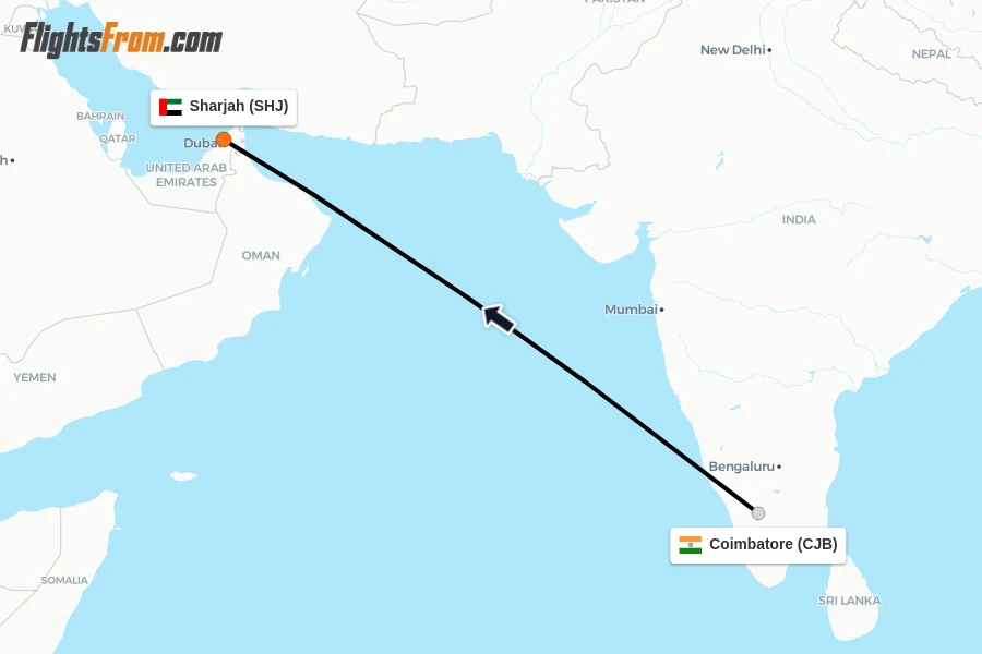 Flights from Coimbatore to Sharjah route map