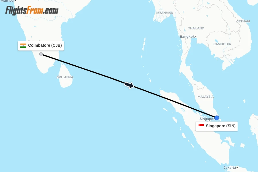 Flights from Coimbatore to Singapore route map