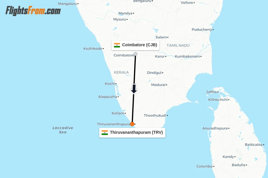 Flights from Coimbatore to Thiruvananthapuram route map