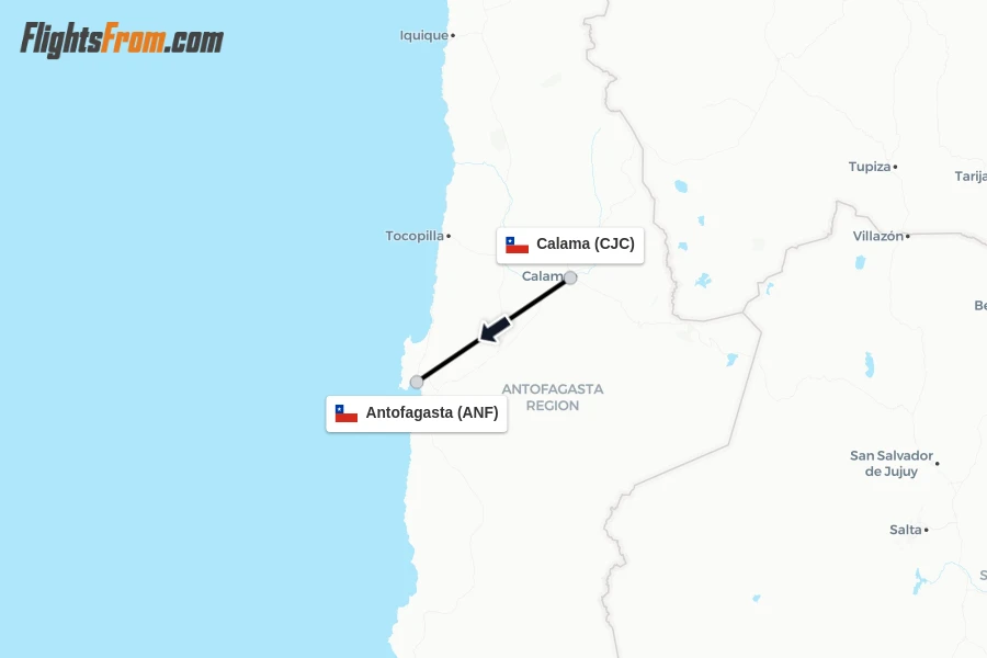 Flights from Calama to Antofagasta route map