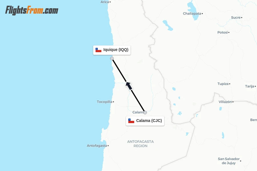 Flights from Calama to Iquique route map