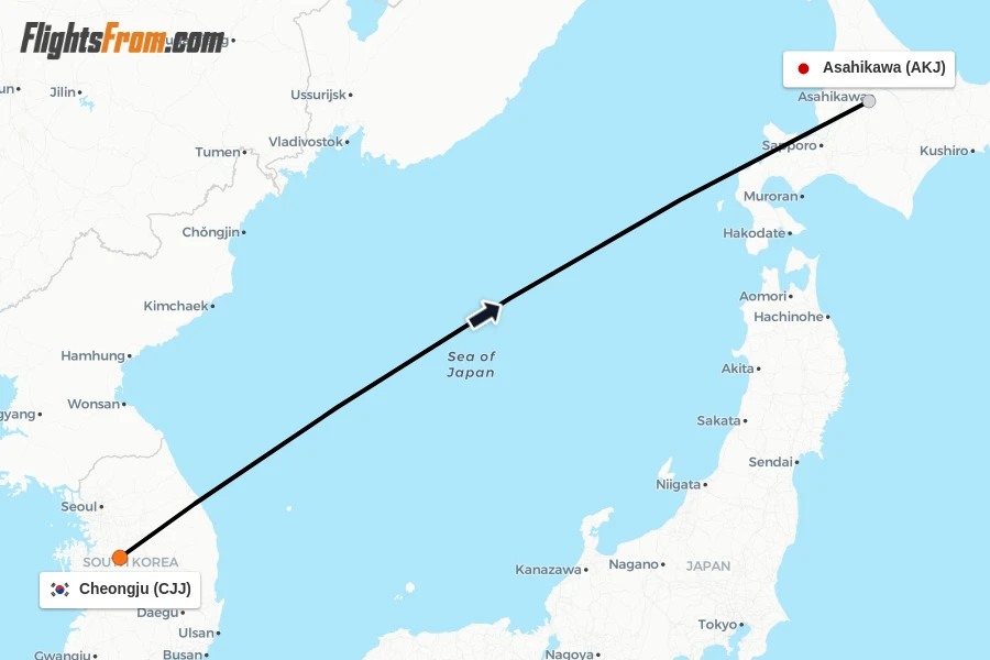 Flights from Cheongju to Asahikawa route map
