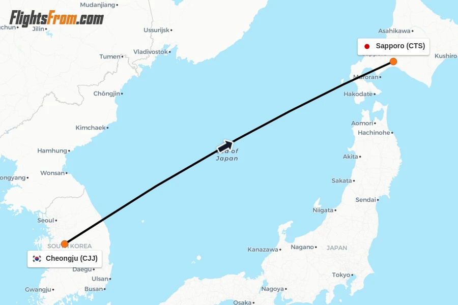 Flights from Cheongju to Sapporo route map