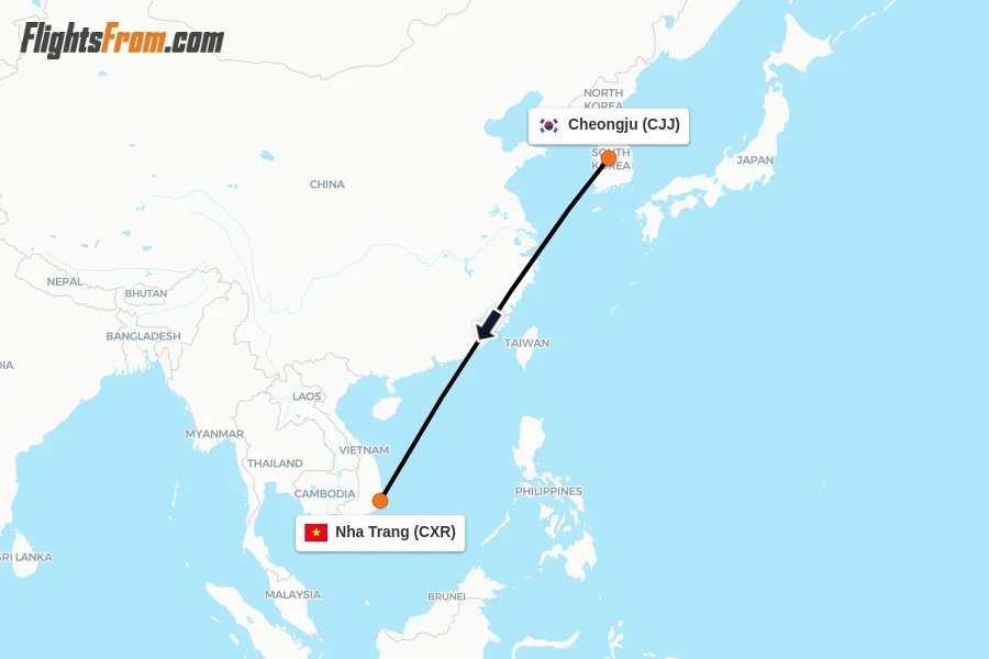 Flights from Cheongju to Nha Trang route map