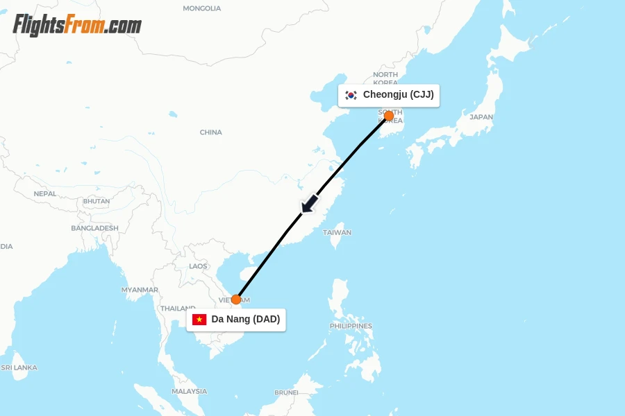 Flights from Cheongju to Da Nang route map