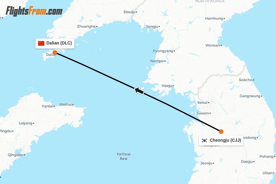 Flights from Cheongju to Dalian route map