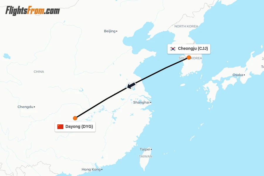 Flights from Cheongju to Dayong route map