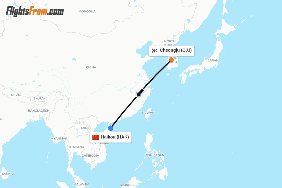Flights from Cheongju to Haikou route map