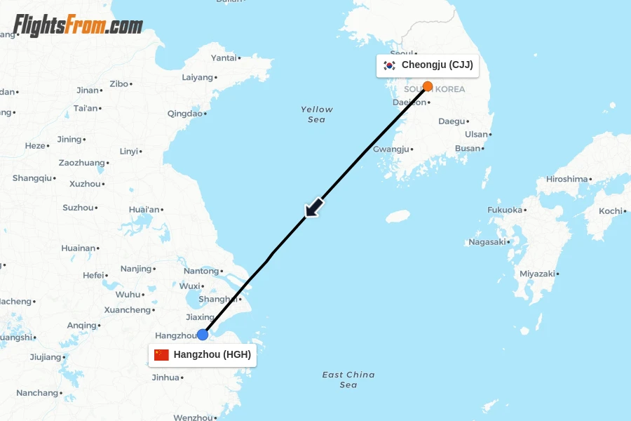 Flights from Cheongju to Hangzhou route map