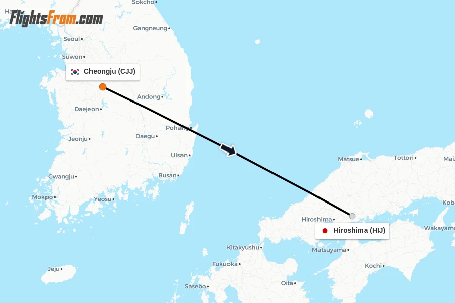 Flights from Cheongju to Hiroshima route map