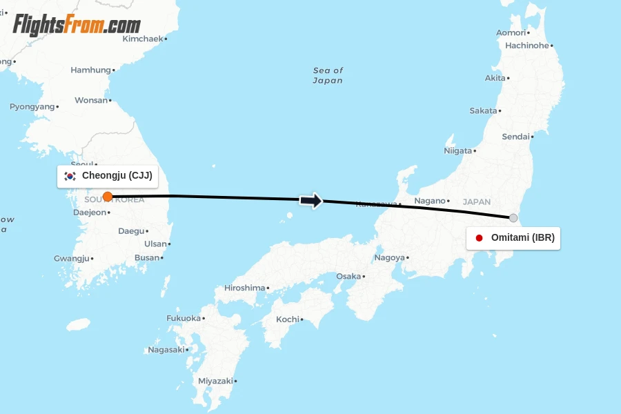 Flights from Cheongju to Omitami route map