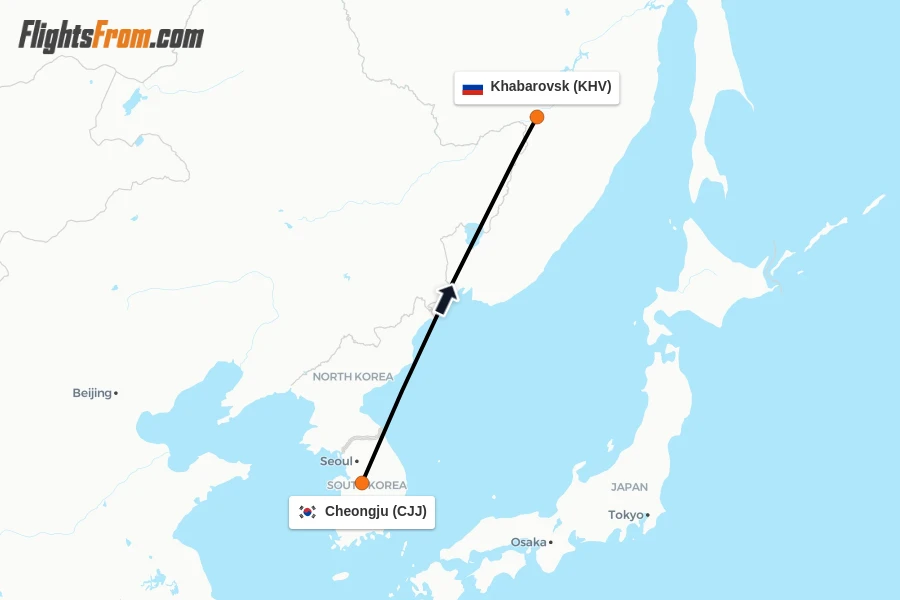 Flights from Cheongju to Khabarovsk route map