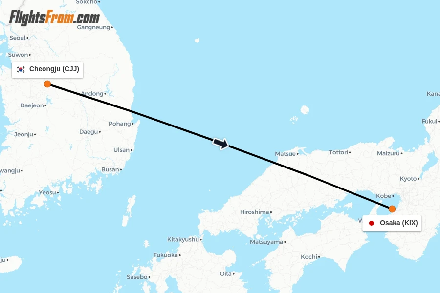Flights from Cheongju to Osaka route map