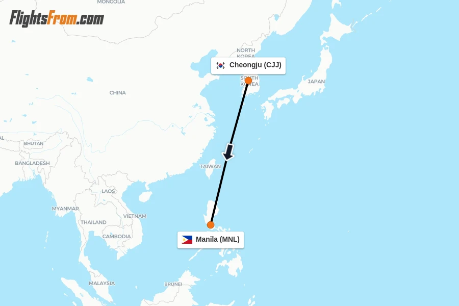 Flights from Cheongju to Manila route map