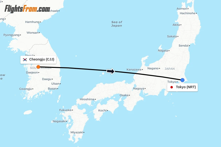 Flights from Cheongju to Tokyo route map