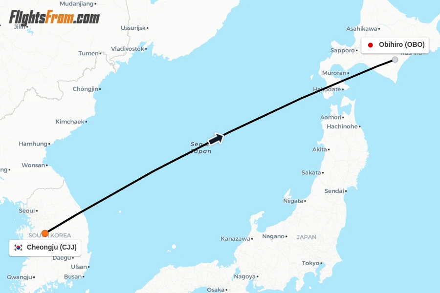 Flights from Cheongju to Obihiro route map