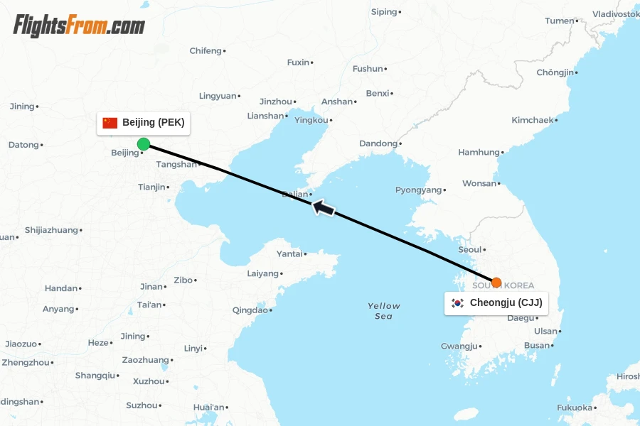 Flights from Cheongju to Beijing route map