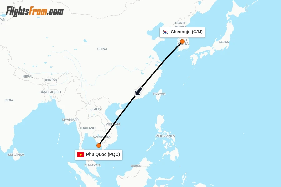 Flights from Cheongju to Phu Quoc route map