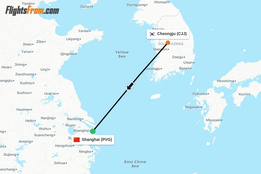 Flights from Cheongju to Shanghai route map