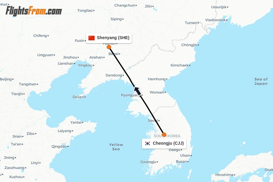 Flights from Cheongju to Shenyang route map
