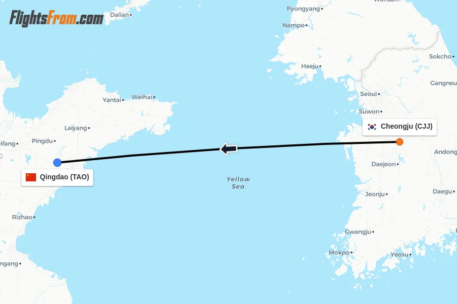 Flights from Cheongju to Qingdao route map