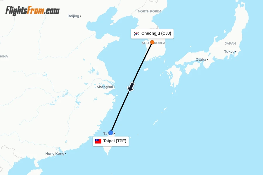 Flights from Cheongju to Taipei route map