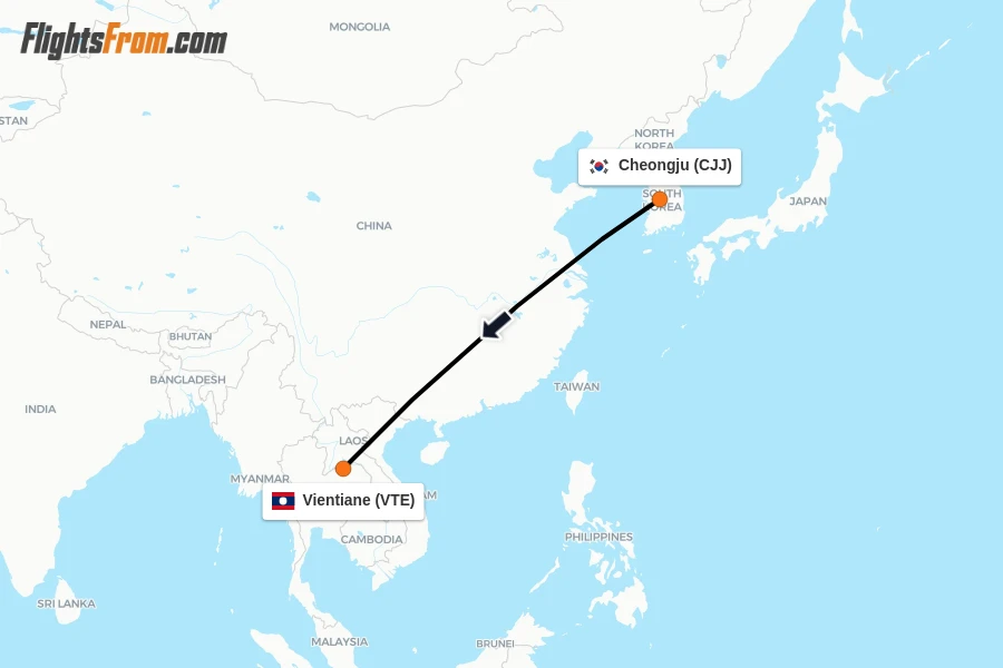 Flights from Cheongju to Vientiane route map