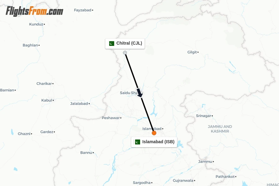 Flights from Chitral to Islamabad route map