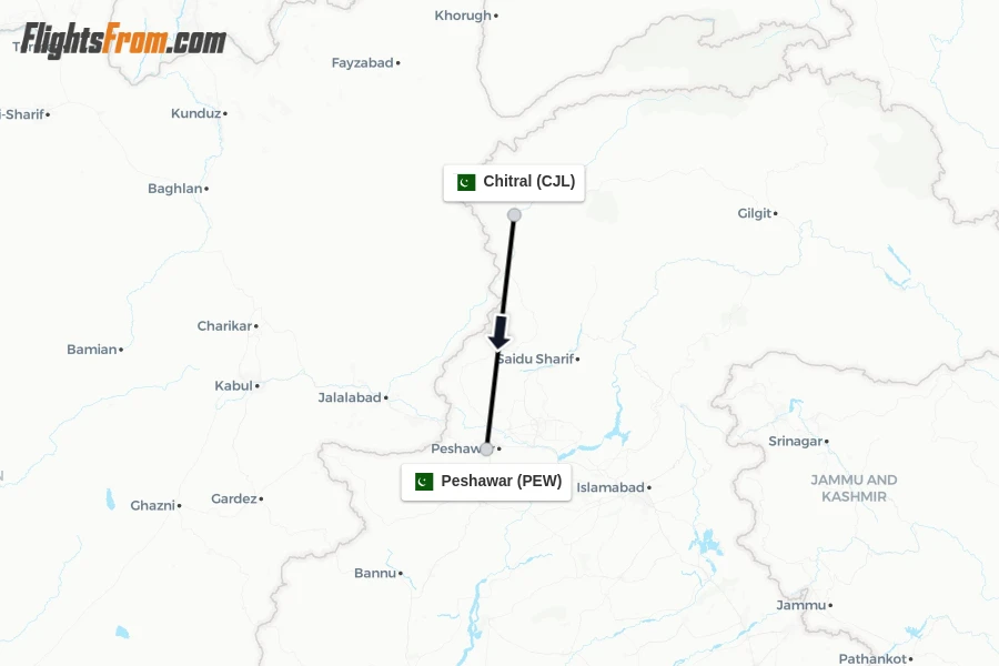 Flights from Chitral to Peshawar route map