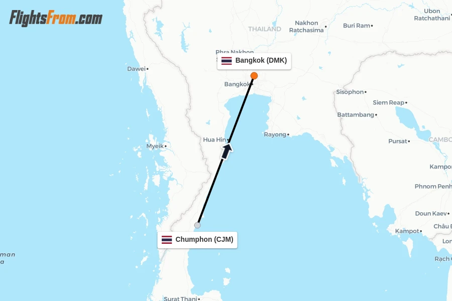 Flights from Chumphon to Bangkok route map