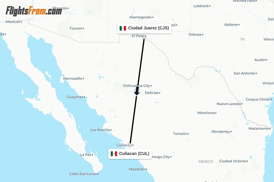 Flights from Ciudad Juarez to Culiacan route map
