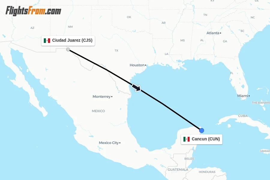 Flights from Ciudad Juarez to Cancun route map