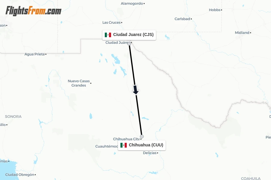 Flights from Ciudad Juarez to Chihuahua route map