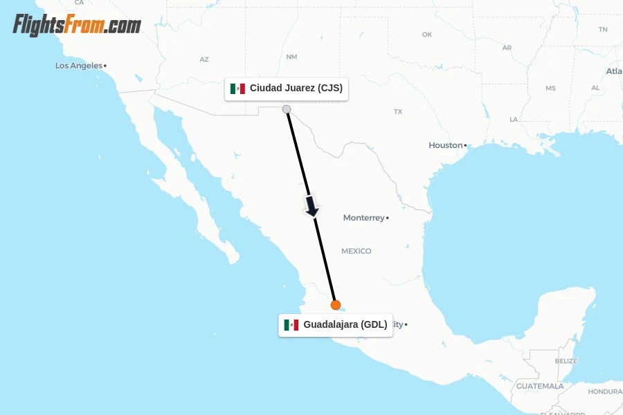 Flights from Ciudad Juarez to Guadalajara route map