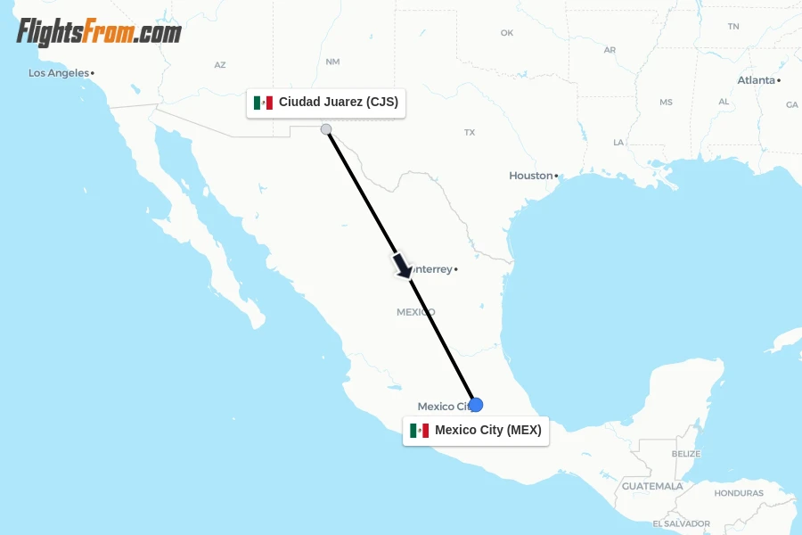 Flights from Ciudad Juarez to Mexico City route map