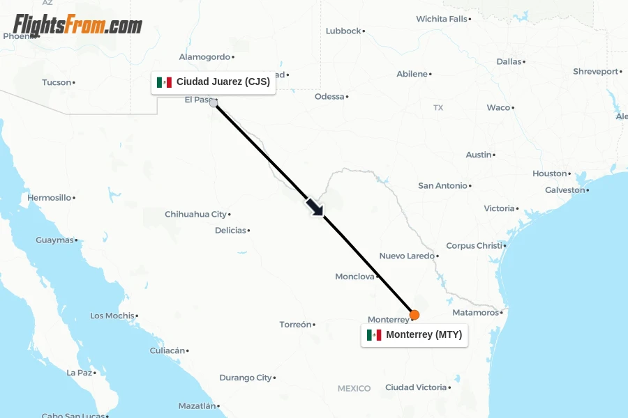 Flights from Ciudad Juarez to Monterrey route map
