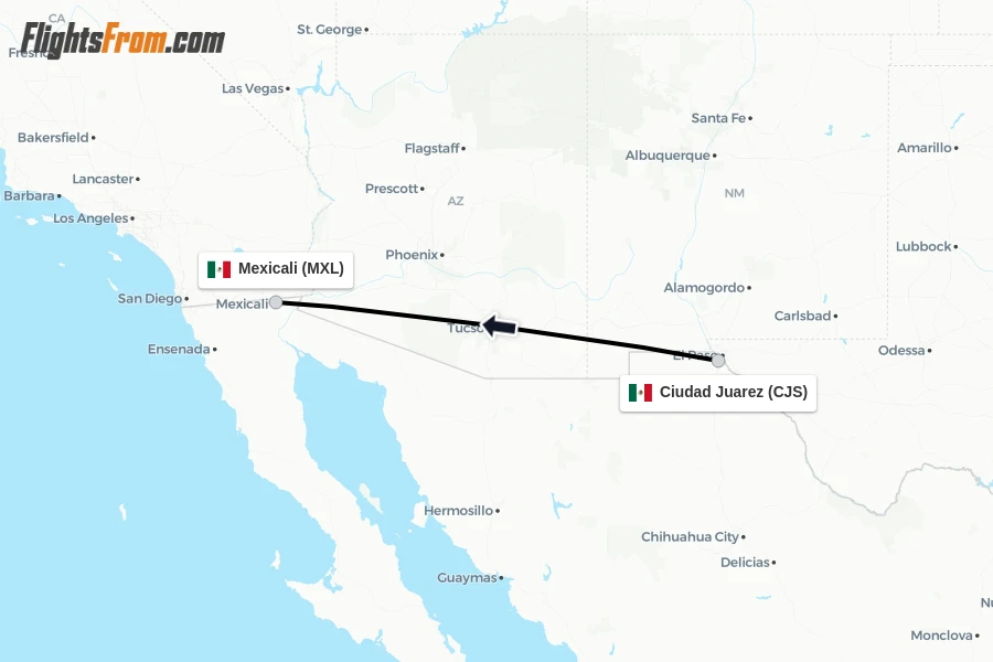 Flights from Ciudad Juarez to Mexicali route map