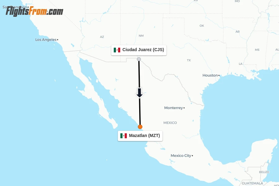 Flights from Ciudad Juarez to Mazatlan route map