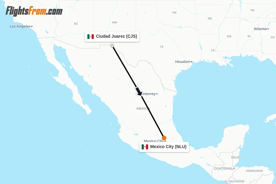 Flights from Ciudad Juarez to Mexico City route map