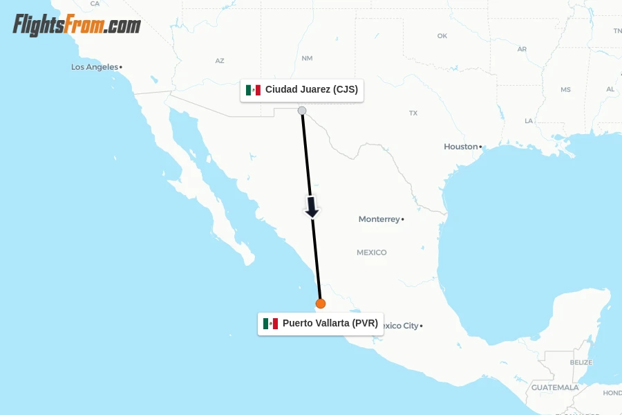 Flights from Ciudad Juarez to Puerto Vallarta route map