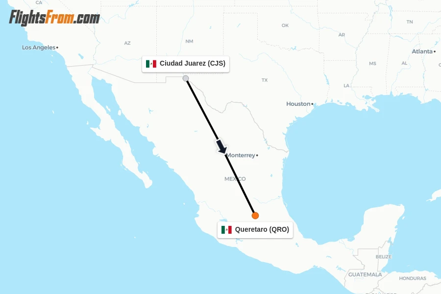 Flights from Ciudad Juarez to Queretaro route map