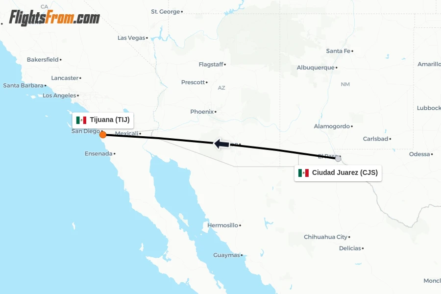 Flights from Ciudad Juarez to Tijuana route map