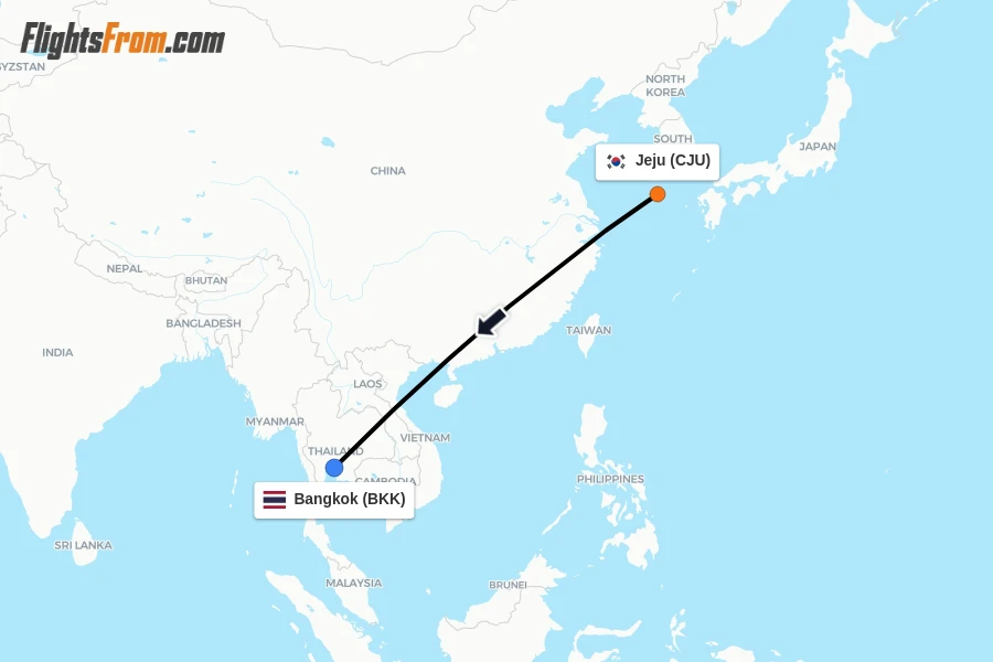 Flights from Jeju to Bangkok route map