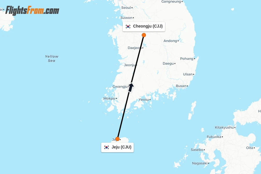 Flights from Jeju to Cheongju route map