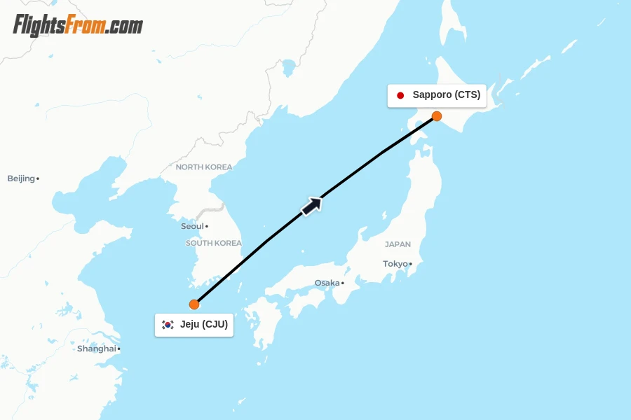 Flights from Jeju to Sapporo route map