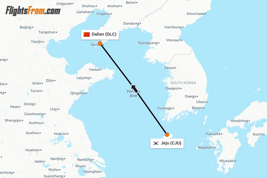 Flights from Jeju to Dalian route map