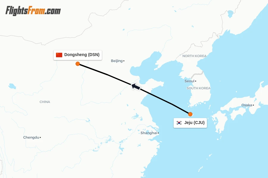 Flights from Jeju to Dongsheng route map